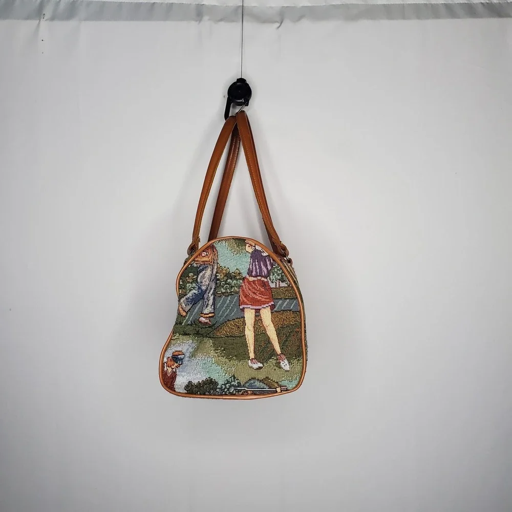 Tapestry Purse Handbag Golf Scene Sporty Vintage 2-Handle Zipper